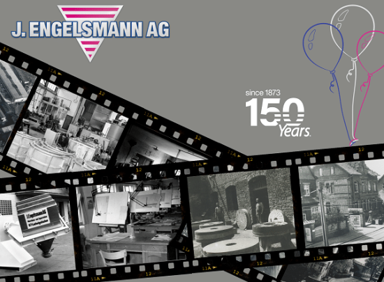 Jubiläums-Grafik mit Filmstreifen aus der Engelsmann Firmengeschichte und gezeichneten Luftballons.
